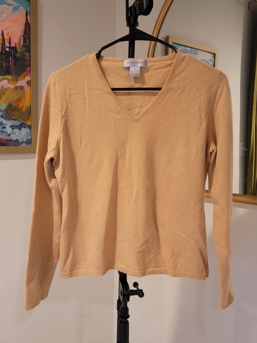 SUTTON STUDIO 100% Cashmere Sweater V-neck Tan Women's Size S Petite
